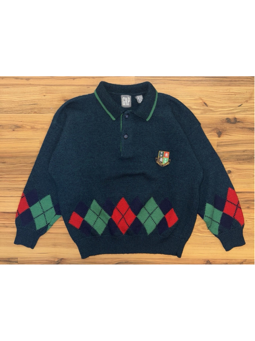 Vintage Gap Sweater Green Wool L Polo World Classic Patch Argyle Trim Old Money
